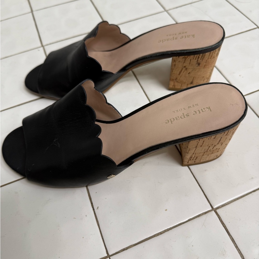 kate spade Black Scalloped Leather Cork Block Heel Mules
